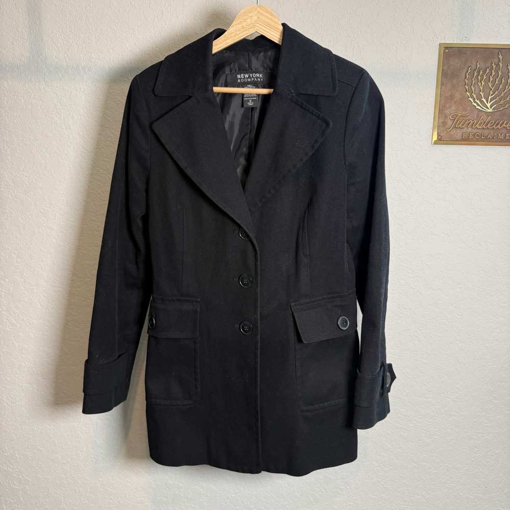 New York & Company Black Button Front Peacoat Jacket Womens Size S Cotton Blend